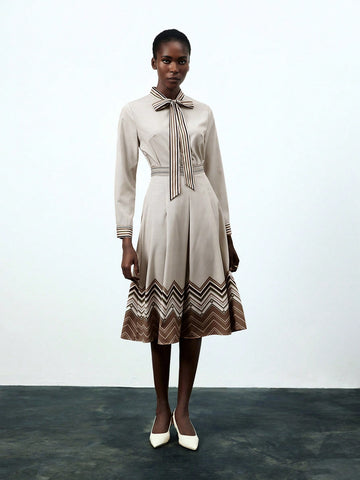 Striped Print Long Sleeve Ladies' Shirt And Skirt 2pcs Set