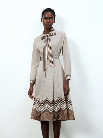 Striped Print Long Sleeve Ladies' Shirt And Skirt 2pcs Set