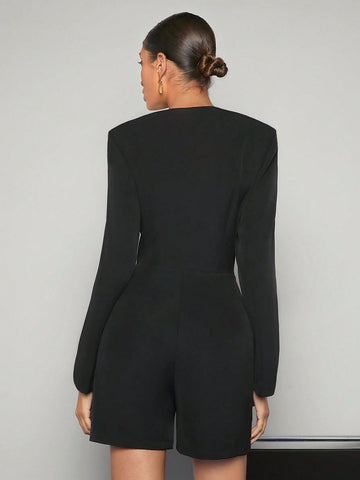 Sweetheart Neck Button Front Shirt Romper Without Chain