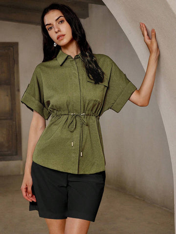 BIZwear Vintage Drawstring Cinched Waist Shirt For Commuting And Stylish Look