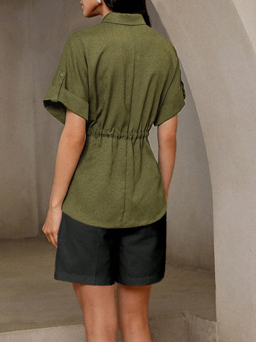 BIZwear Vintage Drawstring Cinched Waist Shirt For Commuting And Stylish Look