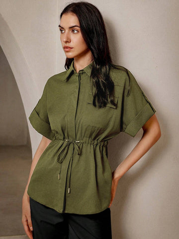 BIZwear Vintage Drawstring Cinched Waist Shirt For Commuting And Stylish Look
