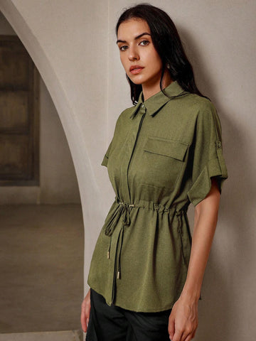 BIZwear Vintage Drawstring Cinched Waist Shirt For Commuting And Stylish Look