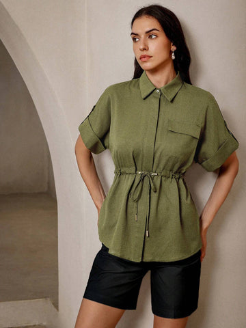 BIZwear Vintage Drawstring Cinched Waist Shirt For Commuting And Stylish Look