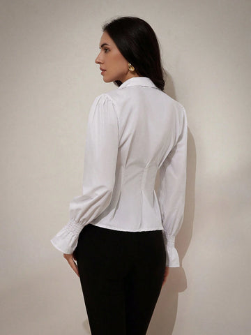 BIZwear White Clean Design Wrap Waist Pleated Versatile Long Sleeve Shirt
