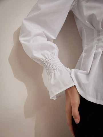 BIZwear White Clean Design Wrap Waist Pleated Versatile Long Sleeve Shirt