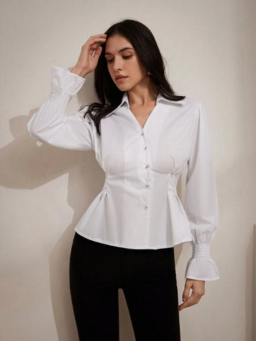 BIZwear White Clean Design Wrap Waist Pleated Versatile Long Sleeve Shirt