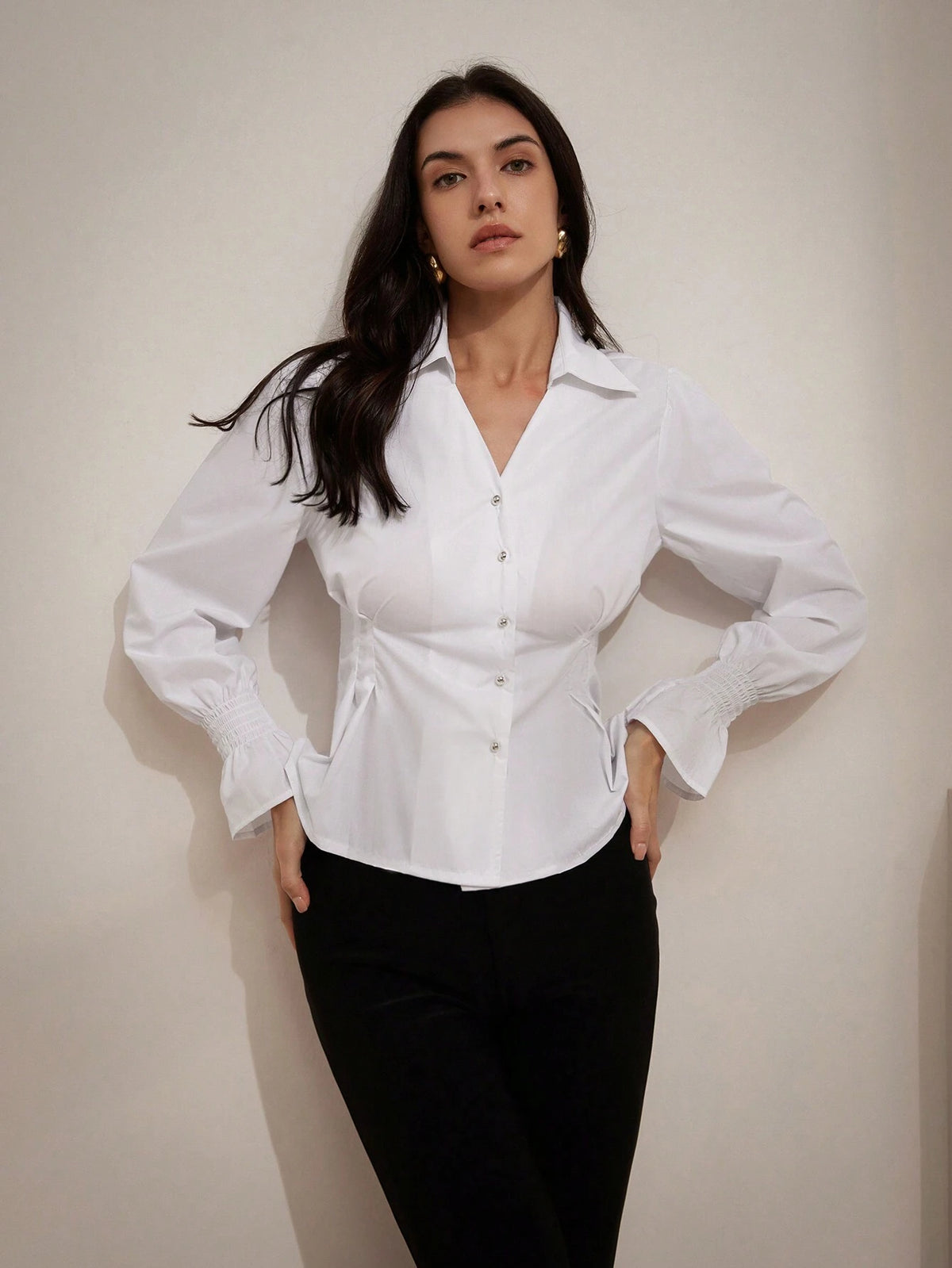 BIZwear White Clean Design Wrap Waist Pleated Versatile Long Sleeve Shirt