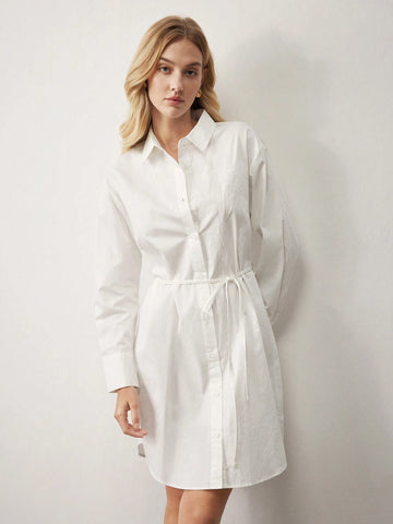 White Long Sleeve Cotton Shirt Dress For Women, Suitable For Funeral, Winter
