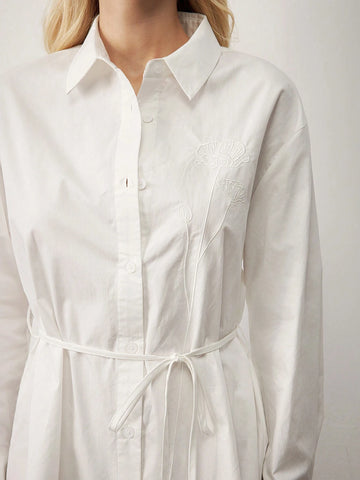 White Long Sleeve Cotton Shirt Dress For Women, Suitable For Funeral, Winter