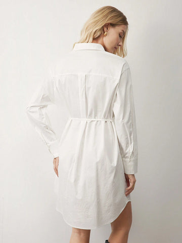 White Long Sleeve Cotton Shirt Dress For Women, Suitable For Funeral, Winter