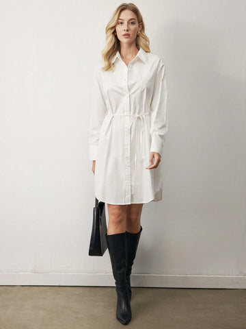 White Long Sleeve Cotton Shirt Dress For Women, Suitable For Funeral, Winter