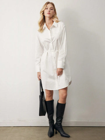White Long Sleeve Cotton Shirt Dress For Women, Suitable For Funeral, Winter