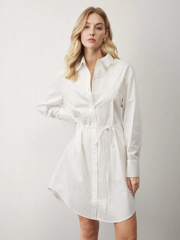 White Long Sleeve Cotton Shirt Dress For Women, Suitable For Funeral, Winter