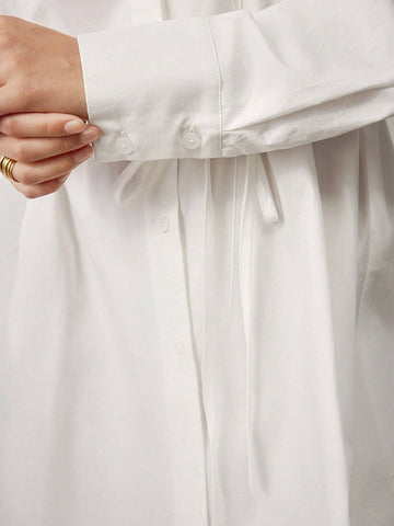 White Long Sleeve Cotton Shirt Dress For Women, Suitable For Funeral, Winter