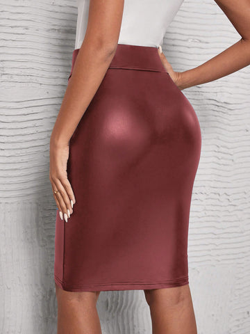 BIZwear Wideband Waist PU Leather Pencil Skirt