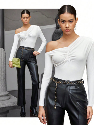 Women'S Asymmetric Neckline Pleated Bodysuit