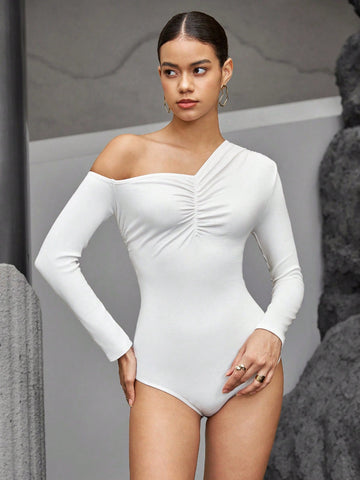 Women'S Asymmetric Neckline Pleated Bodysuit