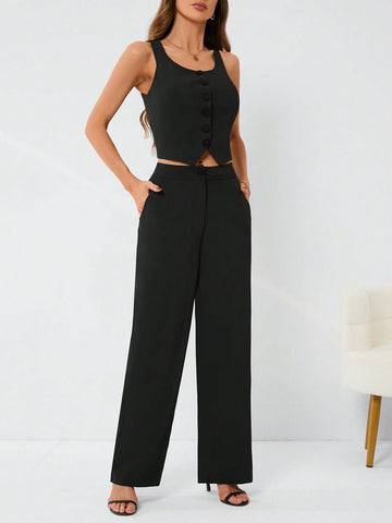 Women'S Button Front Vest And Pants Set