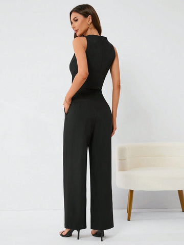 Women'S Button Front Vest And Pants Set