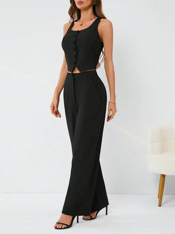 Women'S Button Front Vest And Pants Set