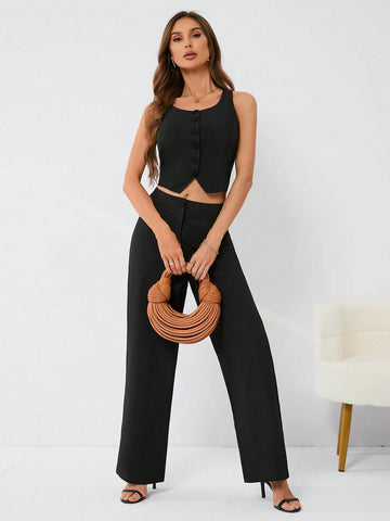 Women'S Button Front Vest And Pants Set