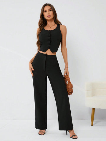 Women'S Button Front Vest And Pants Set