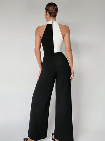 Women'S Color Block Asymmetrical Halter Jumpsuit