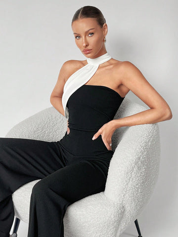Women'S Color Block Asymmetrical Halter Jumpsuit