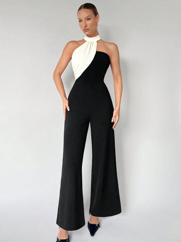 Women'S Color Block Asymmetrical Halter Jumpsuit