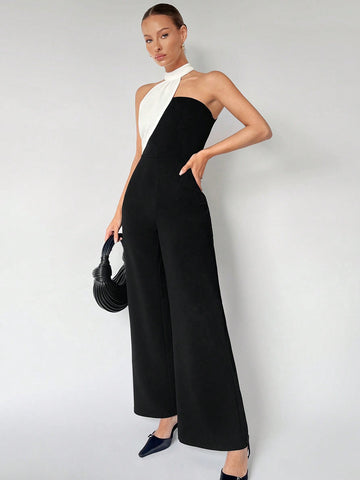 Women'S Color Block Asymmetrical Halter Jumpsuit