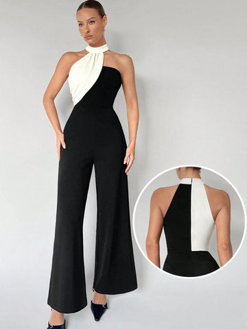 Women'S Color Block Asymmetrical Halter Jumpsuit