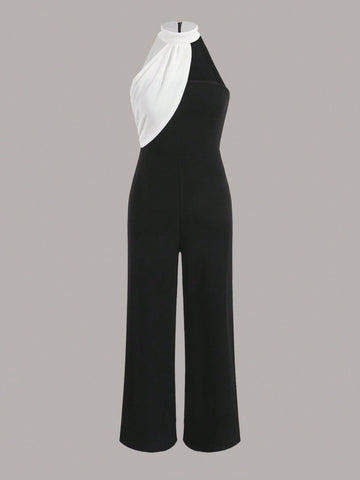 Women'S Color Block Asymmetrical Halter Jumpsuit