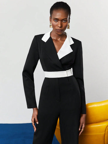 Women'S Color Block Lapel Collar Jumpsuit