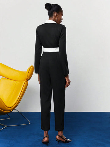 Women'S Color Block Lapel Collar Jumpsuit