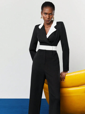 Women'S Color Block Lapel Collar Jumpsuit