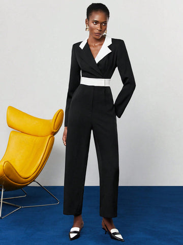 Women'S Color Block Lapel Collar Jumpsuit