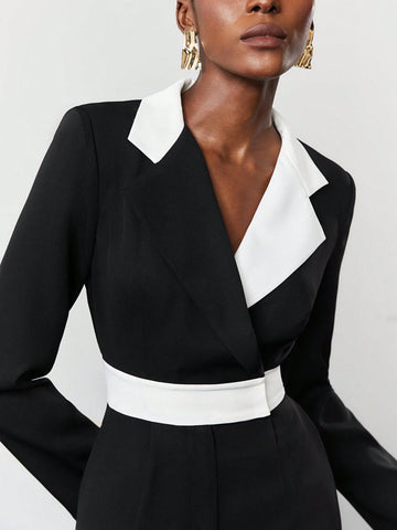 Women'S Color Block Lapel Collar Jumpsuit
