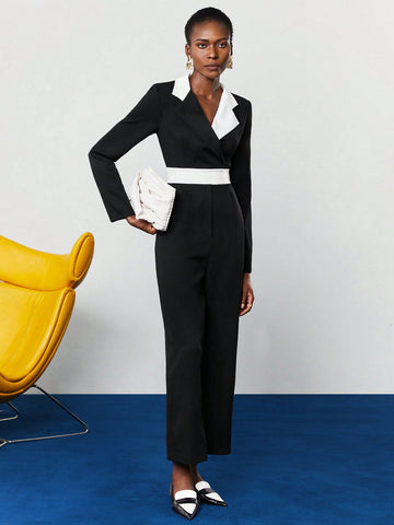 Women'S Color Block Lapel Collar Jumpsuit