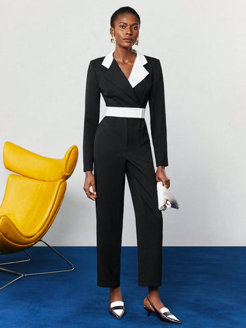 Women'S Color Block Lapel Collar Jumpsuit