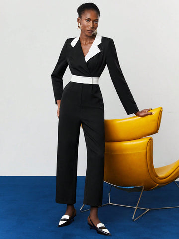 Women'S Color Block Lapel Collar Jumpsuit