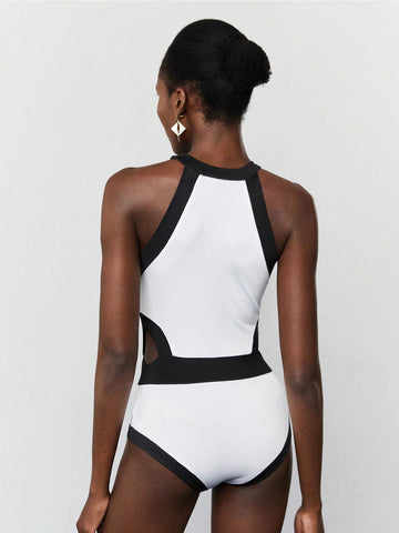 Women'S Color Blocking Bodysuit With Cut Out Waist Trim