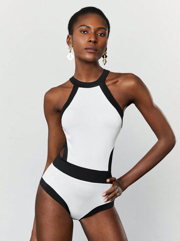 Women'S Color Blocking Bodysuit With Cut Out Waist Trim