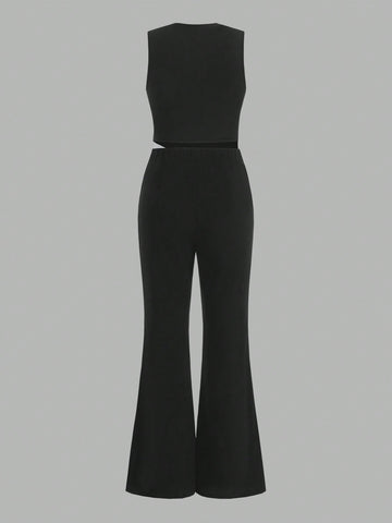 Women'S Colorblock Asymmetrical Hem Cami Top And Solid Color Flared Pants Two Piece Set