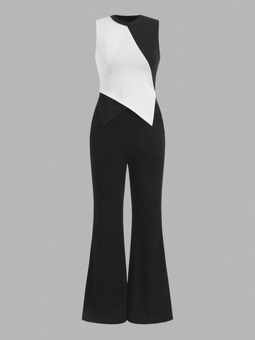 Women'S Colorblock Asymmetrical Hem Cami Top And Solid Color Flared Pants Two Piece Set