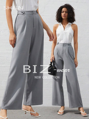 BIZwear Women'S Fold-Over Pleated Wide Leg Pants In Solid Color