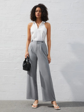 BIZwear Women'S Fold-Over Pleated Wide Leg Pants In Solid Color