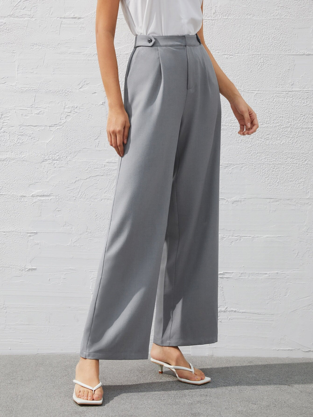 BIZwear Women'S Fold-Over Pleated Wide Leg Pants In Solid Color