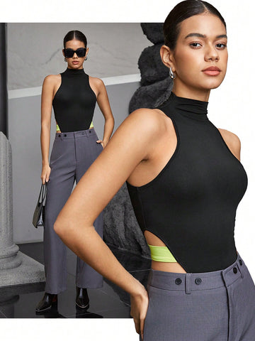 Women'S Hollow Out Waist High Collar One-Piece Bodysuit