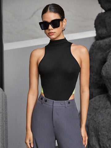 Women'S Hollow Out Waist High Collar One-Piece Bodysuit